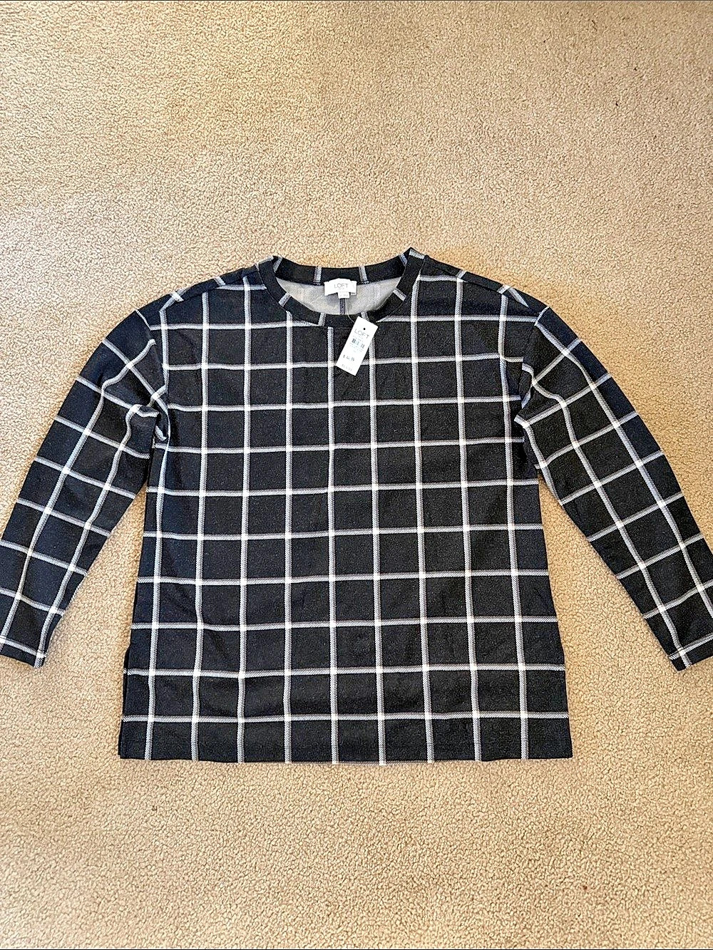 LOFT Plaid Long Sleeve Top in Black & White Size Medium NWT